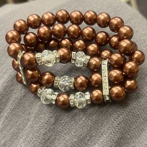 3 strand Chocolate Brown faux pearl stretch bracelet classic